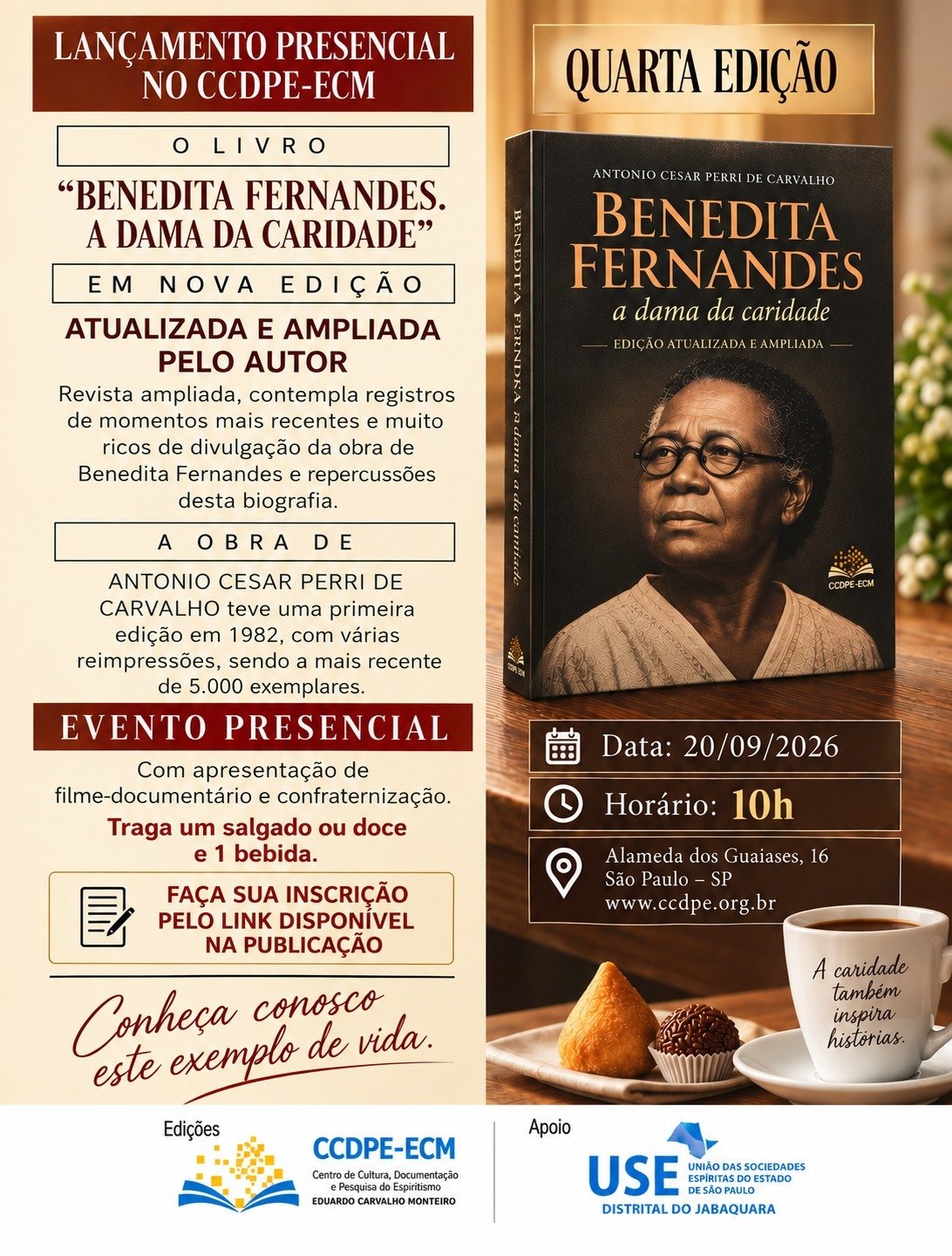 Lançamento presencial do livro Benedita Fernandes: A dama da caridade, em 20 de setembro de 2026, às 10h